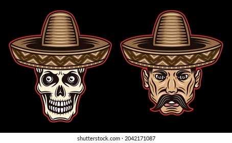 Mexican man head with mustache and skull in sombrero hats vector illustration in colorful style on dark background