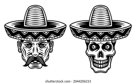 Mexican man head with mustache and skull in sombrero hats vector illustration in vintage monochrome style isolated on white background