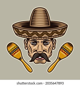 Mexican man head with mustache in sombrero hat and two maracas vector illustration in colorful cartoon style isolated on light background