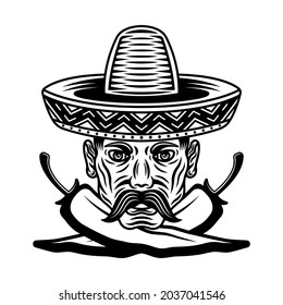 Mexican man head with mustache in sombrero hat and two crossed chili peppers vector illustration in monochrome style isolated on white background