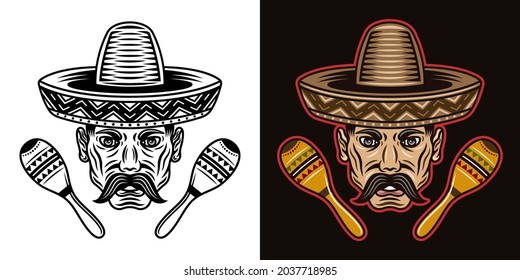 Mexican man head with mustache in sombrero hat and two maracas vector illustration in two styles black on white and colorful on dark background