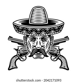 Mexican man head with mustache in sombrero hat and crossed guns vector illustration in monochrome style isolated on white background