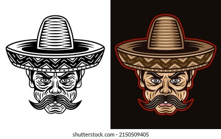 Mexican man head with mustache and in sombrero hat in two styles black on white and colored on dark background vector illustration