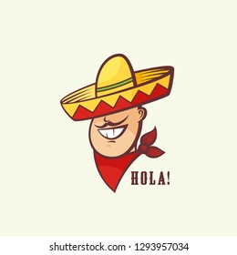 Mexican Man Head with Traditional Sombrero and Red Neckerchief. Abstract Vector Sign or Logo Template. Smiling Mans Face with Mustache and Hat Symbol. Isolated.