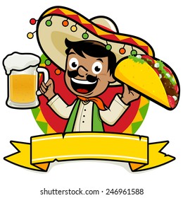 Mexican man holding a cold beer and a taco. Vector illustration