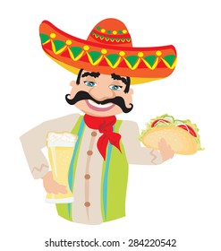 Mexican man holding a cold beer and a taco