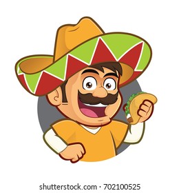 Mexican man holding a taco in round frame