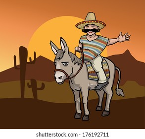 Mexican man on a donkey in a desert landscape, vector illustration
