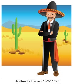 Mexican man in Mexican outfit standing in desert with folded hands