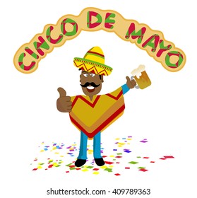  Mexican man in phoncho with beer banner for  Cinco de mayo festival