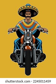Mexican Man Riding Old Vintage Motorcycle