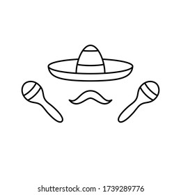 Mexican man set. Sombrero, mustache, maracas. Line art icon of traditional attributes of fun, dance and music. Black symmetric accessory illustration. Contour isolated vector poster, white background