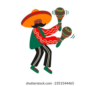 Mexican  man in sombrero  dancing with colourful maracas, traditional Mexican and Latin musical instrument. Flat vector illustration