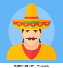 Mexican man in sombrero flat icon on blue background. Male character vector illustration.