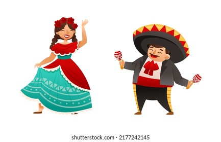 Mexican Man in Sombrero Hat and Woman in Colorful Traditional Clothing Celebrating National Holiday Cinco de Mayo Vector Set