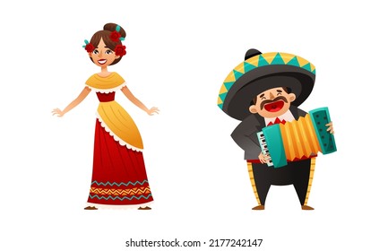 Mexican Man in Sombrero Hat and Woman in Colorful Traditional Clothing Celebrating National Holiday Cinco de Mayo Vector Set