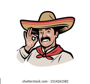 Mexican Man In Sombrero Logo. Cartoon Vector Illustration