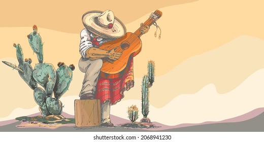 Mexicano con sombrero tocando guitarra, paisaje desértico con cactus