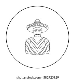 Mexican man in sombrero and poncho icon in outline style isolated on white background. Mexico country symbol stock vector illustration.