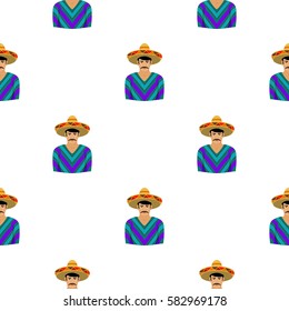 Mexican man in sombrero and poncho icon in cartoon style isolated on white background. Mexico country pattern stock vector illustration.