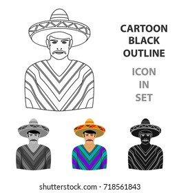 Mexican man in sombrero and poncho icon in cartoon style isolated on white background. Mexico country symbol stock vector illustration.