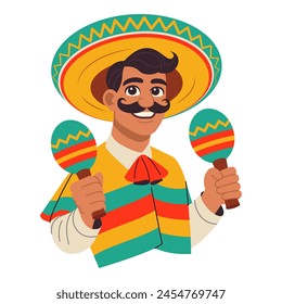 Mexican man in sombrero and poncho with maracas on a white background