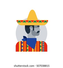 Mexican man in sombrero and poncho, side view brutal hero. Flat design vector illustration. Male character turned head