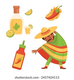 Mexicano en sombrero y sombrero con botella de tequila, chile y Ilustración vectorial de lima