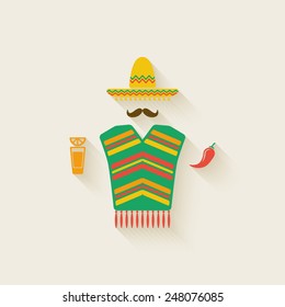 Mexican man in sombrero with tequila and chili pepper - vector illustration. eps 10