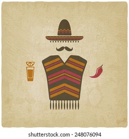 Mexican man in sombrero with tequila and chili pepper old background - vector illustration. eps 10