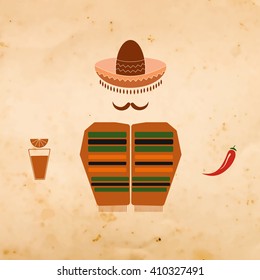 Mexican man in sombrero with tequila and chili pepper on old background - vector illustration