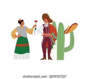 Mexican man in sombrero and woman with red rose in beautiful traditional clothes. People having fun on national mexico cinco de mayo festival. Flat vector isolated illustration.