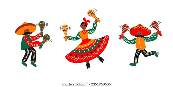 Mexican  man in sombrero  and women in colourful dress  dancing with colourful maracas, traditional Mexican and Latin musical instrument. Flat vector illustration