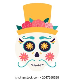 Mexican Man in a top hat. Sugar skull, Sugar Head, Skull Face, Cartoon Skeleton, Dead Head and Human Skulls. Mexico. Dead head and human skulls. Halloween, Day of the Dead illustration. Flat vector