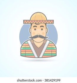Mexican man in traditional clothes, native Mexico citizen icon. Avatar and person illustration. Flat colored outlined style. Vector illustration.