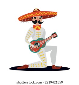 Mexican man in traditional costume playing ukulele flat vector illustration