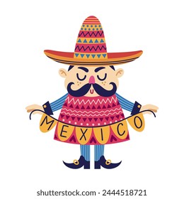 Mexican man vector illustration. A funny guy in a sombrero and poncho holds a Mexico garland. Person with a mustache, in a folk costume. Celebrating Cinco de Mayo, carnival, fiesta. Cartoon doodle