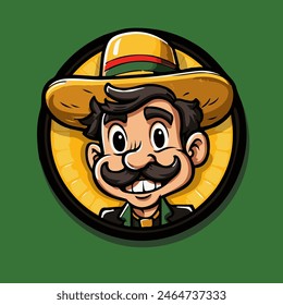 Mexican man wearing a sombrero taco food logo. Colorful vector illustration of a smiling Mexican man with a mustache wearing a traditional wide-brimmed sombrero hat. A friendly and festive image