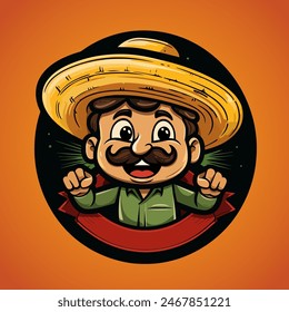 Hombre mexicano con el logo de un sombrero taco food. Ilustración vectorial colorida de un mexicano sonriente con bigote y sombrero tradicional de ala ancha. Una Imagen amistosa y festiva