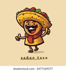 Hombre mexicano con el logo de un sombrero taco food. Ilustración vectorial colorida de un mexicano sonriente con bigote y sombrero tradicional de ala ancha. Una Imagen amistosa y festiva