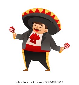 Mexican man wearing traditional clothes and sombrero hat shaking maracas cartoon vector illustration