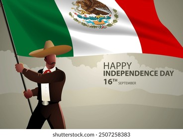 Mexican man wearing traditional Mexican clothes holding the flag of Mexico, independence day, vector illustration