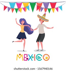 Mexican man and woman cartoon dancing design, Mexico culture tourism landmark latin and party theme Vector illustration