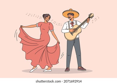 Hombre y mujer mexicanos con ropa tradicional bailan con música de guitarra. Felices bailarinas de latinos se divierten disfrutando de la celebración folclórica cultural. Fiesta, concepto de festival musical. Ilustración vectorial plana. 