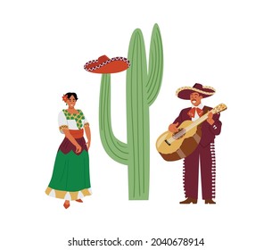 Mexican man and woman in traditional Latin-American colorful outfits near huge cactus, flat cartoon vector illustration isolated on white background.