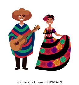 Mexican man and woman in traditional national clothes for celebrations and carnivals, cartoon vector illustration isolated on white background. Mexican people, man and woman, in national costumes