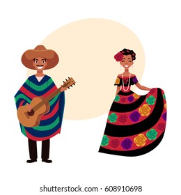 Mexican man and woman in traditional national clothes for celebrations and carnivals, cartoon vector illustration with place for text. Mexican people, man and woman, in national costumes