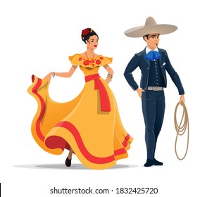 Mexican man and woman vector cartoon characters with national clothes and sombrero. Mexico cowboy charro and dancer lady with tobasco dress, horseman costume, hat and lasso, scarf and flowers