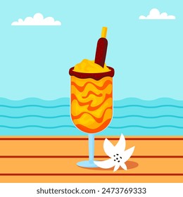 Mexican mango drink with tropical white flower. Mangonada blended drink with sea landscape. Chamoyada drink
