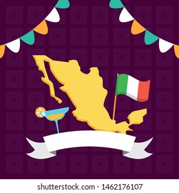 mexican map flag and cocktail celebration viva mexico vector illustration